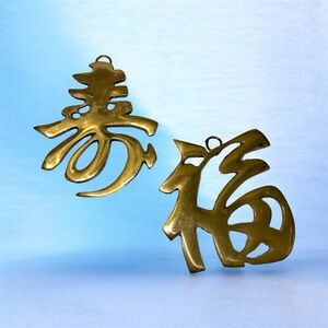 Vintage Brass Chinese Characters Wall Hanging Fu and Shou Symbols Home Decor